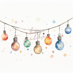 watercolor christmas lights hanging from a string with stars on the bottom and in the background