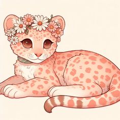 a drawing of a cat with flowers on its head laying down and looking at the camera