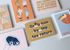 four different types of business cards on a white surface with the words grab him by the tax return