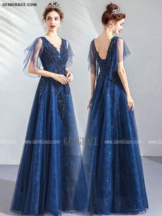 Blue Embellished A-line Evening Dress, Blue V-neck Evening Dress With Sweep Train, Blue Fitted V-neck Dress For Wedding, Blue A-line V-neck Dress For Evening, Royal Blue V-neck Evening Dress For Wedding, Blue A-line V-neck Evening Dress, Blue Embellished V-neck Evening Dress, Elegant Blue V-neck Wedding Dress, Modest Prom Dresses