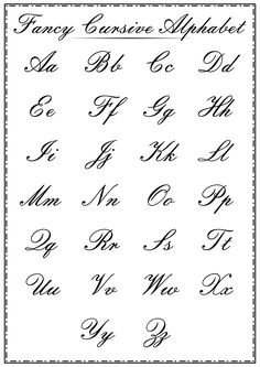 the fancy cursive alphabet is shown in black and white, with an ornate border