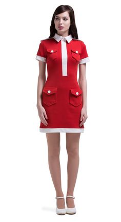 50% off! This red & light cream medium weight jersey, two-tone, uniform style dress has a collar, decorative shoulder tabs and functioning pockets on the bodice and the skirt. A light cream dividing bodice stripe with matching cuff and hem detailing complete a style that provides an adaptable wardrobe addition for Uniform Style, Gaun Fashion, Uniform Fashion, Vintage Style Dresses, Light Cream, Italian Fabric, Marmalade, Model Pictures, Pocket Dress