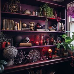 a shelf filled with lots of different types of decorations