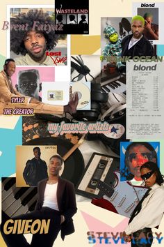 a collage of various music related items and words, including an afro - american man