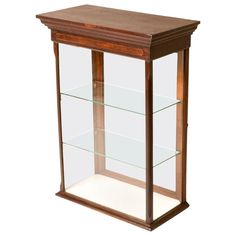 a wooden and glass display case with two shelves on one side, the top shelf is empty