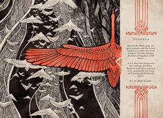 an illustrated book with birds flying in the sky and on top of it is a red bird