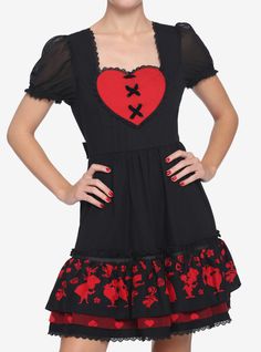 From Alice in Wonderland  look like a heartbreaker in this Queen of Hearts dress! This elegant detailed dress features a layered ruffle hem with a border of character silhouettes puffed elasticated sleeves tie-back waist lace detailing and embroidered red lace-up heart at the center of the chest. Queen Of Hearts Dress, Wonderland Queen Of Hearts, Alice In Wonderland Queen, Queen Alice, Alice Dress, Hearts Dress, Disney Alice In Wonderland, Minnie Mouse Dress, Her Universe