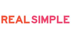 the words real simple are in red and pink letters on a white background with an orange outline