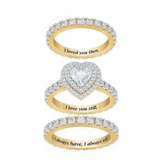 An exquisite reminder of your precious love story…The sparkle of over 100 Diamonisse simulated diamonds.Three enchanting 14kt gold-plated eternity bands represent your lifetime of love – yesterday, today and tomorrow.A showstopping simulated diamond center heart forms the crowning centerpiece of this magnificent ring set.The inside of the bands are inscribed with a touching sentiment.Arrives in our Danbury Mint Signature Packaging – perfect for gift-giving and safekeeping, included at no additio Personalized Diamond Stackable Rings For Wedding, Personalized Diamond Stackable Wedding Rings, Personalized Cubic Zirconia Promise Ring, Personalized Diamond Stackable Rings For Anniversary, Stackable Cubic Zirconia Eternity Band For Anniversary, Valentine's Day Halo Cubic Zirconia Jewelry, Valentine's Day Cubic Zirconia Halo Jewelry, Anniversary Stackable Halo Rings In Cubic Zirconia, Fine Jewelry Eternity Band With Halo Setting For Anniversary