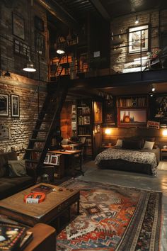 a bedroom with a bed, couch and stairs in it's loft style home