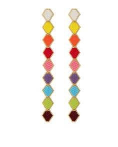 stunning hand-beaded drop earrings featuring a chain of hexagons in a rainbow of colors, ranging from white to black. earrings are handmade in colombia by bocanegra, a zero waste jewelry brand.  gold plated hypoallergenic stud hand woven with wax thread and glass seed beads avoid contact with water, creams or body oils Handmade Multicolor Long Drop Jewelry, Handmade Hexagon Jewelry, Multicolor Long Drop Jewelry With Tiny Beads, Multicolor Long Drop Beaded Jewelry, Waste Jewelry, Solid Objects, Miyuki Earrings, Candy Rainbow, Native Earrings