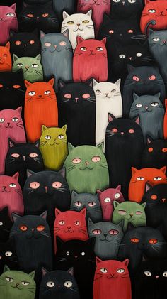 a group of cats with different colors and sizes on their faces, all looking at the same direction