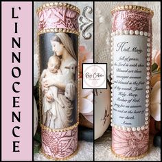 an image of a mother holding her child on the back of a candle with pearls around it