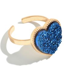 Blue Druzy Heart Ring Gold - One Size Fits Most, Adjustable - Approximately .75" Blue Round Heart Ring As Gift, Blue Heart-shaped Ring For Valentine's Day, Blue Ring For Valentine's Day Gift, Blue Adjustable Heart Ring, Adjustable Blue Heart Ring, Adjustable Blue Jewelry For Valentine's Day, Heart Knot Ring, Heart Ring Gold, Princess Diamond Ring