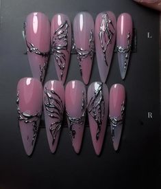 ⭐Hello, gorgeous   Welcome to my shop! I hope you find the perfect style that suits you. 💥Materials:💥  I use only high-quality materials to create durable and luxurious press-on nails that you can trust.   Here's how long they'll last:   - 1-2 days with adhesive tabs (included in the set)   - 2-3 weeks with nail glue   Plus, all nails are reusable if you care for them properly. Instructions are included with each set. 💥Sizes:💥 - **XS 14mm, 11mm, 12mm, 10mm, 8mm   - **S 15mm, 12mm, 13mm, 11mm Nail Art Unique, Pink And Silver Chrome Nails, 3 D Nails, Nails With Writing, Nails With Silver, Unique Nails Designs, Cybersigilism Nail Art, Extreme Nails, Pink And Silver Nails