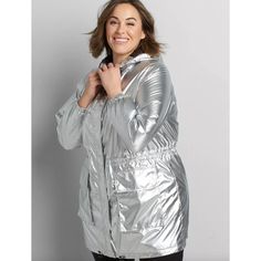 Lane Bryant Metallic Cinched Waist Parka Jacket Women 22/24 Anorak Rain Silver Features: Hooded Front Pockets Cinched Waist Long Sleeves With Covered Elastic Cuffs Front Zipper Closure With Snaps Lined Water Resistant Size: Womens 22 Measurements: Length 35 In / 89 Cm Bust 55 In / 140 Cm Condition: New Without Tags Ladies Metallic Silver Pockets Long Tunic Longline Hoodie Rain Modern Essentials Daily Errands Saturday Sunday Travel Vacation Summer Spring Everyday Comfortable Relaxed Weekend Outfi Utility Windbreaker With Drawstring, Trendy Windbreaker With Drawstring, Fall Utility Windbreaker, Parka Jacket Women, Metallic Jacket, Long Tunic, Parka Jacket, Donna Karan, Jacket Women