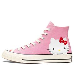 With this classic high top, you can let everyone know that you're a fan of Hello Kitty! The pink upper is adorned with the adorable kitty character herself, and red bows on the toe cap and outsole add the perfect finishing touch. Made of durable canvas, this shoe is perfect for everyday wear. (SNKR) Cute High-top Sneakers, Cute High-top Sneakers For Streetwear, Cute Pink High-top Sneakers, Pink Converse High-top Sneakers, Retro Pink Lace-up High-top Sneakers, Retro Pink High-top Sneakers With Rubber Sole, Retro Pink High-top Sneakers With Round Toe, Converse Aesthetic, Cute Converse