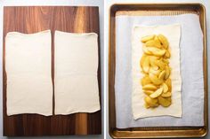 two pictures showing how to make apple slices on parchment paper