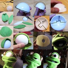 there are many pictures of different items made to look like frog puppets and hands holding scissors