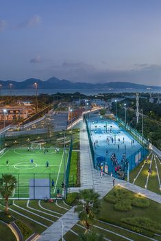 an aerial view of a soccer field at night