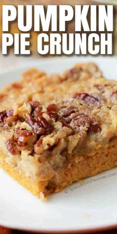 pumpkin pie crunch bars on a white plate with text overlay that reads pumpkin pie crunch bars