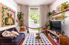 a living room with a hammock hanging from the ceiling and plants on the wall