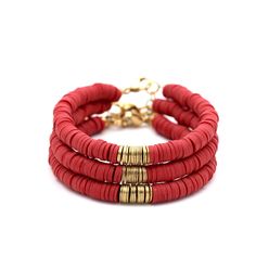 A red heishi bead bracelet is the perfect on-trend accessory to top off your look. It is a great stand alone bracelet and works well as a stack bracelet, too. This non-stretch bracelet features red polymer clay heishi beads with gold brushed metal beads in the center, all hand-strung onto flexible jewelry wire. The bracelet is finished off with a lobster clasp, and a 1" extender chain to accommodate various wrist sizes. MATERIALS Polymer Clay & Metal Beads SIZE 6 1/2" Extendable Up to 1" CARE Di Red Clay Bead Bracelet Ideas, Heishi Bead Bracelet, Heishi Bracelet, Stack Bracelet, Red Bracelets, Jewelry Wire, Beaded Bracelets Diy, Red Clay, Heishi Beads