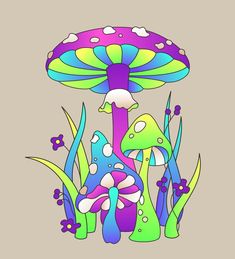 Vector color illustration of mushrooms, fly agarics, toadstools, herbs and flowers in bright neon colors Mushroom Cartoon Drawing, Mushroom Cartoon, Neon Mushroom, Mushroom Drawing, Herbs And Flowers, Studio Wall, Image Stickers, Color Illustration