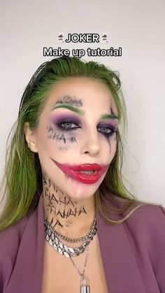 Female Joker Makeup Halloween, Joker Hairstyle, Easy Joker Makeup For Women, Joker Makeup Female Easy, Lady Joker Makeup, Make Up For Halloween Ideas Easy