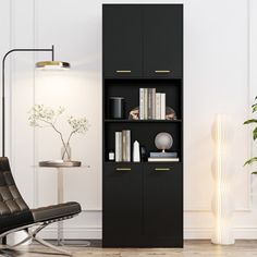 a living room with a black bookcase and chair next to a potted plant