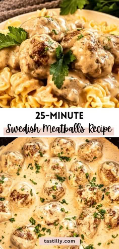 two pictures showing different types of pasta with meatballs on top and in the middle