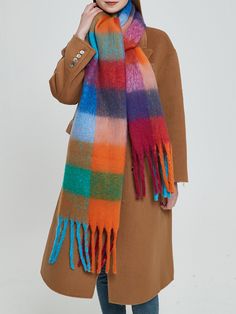 Thick Keep Warm Multi-Colored Plaid Tasseled Shawl & Scarf DARK ORANGE-One_size Trench Coat Dress, Winter Typ, Drape Maxi Dress, Polyester Scarf, Tassel Scarf, Cashmere Shawl, Shawl Scarf, Midi Dress Casual, Pleated Midi Dress