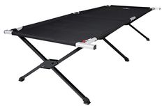 a black folding table with wheels on the top and one foot resting on it's side