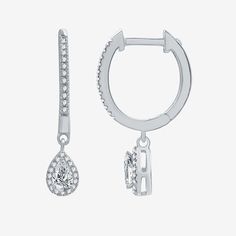 # Pieces In Set: 1 PairDiamond Clarity: Si2-I1Earring Back: HingedSetting: ProngShape: PearStone Cut: PearDiamond Color: H-IMetal Color: WhiteEarring Length: 22.4mmEarring Width: 5.1mmRounded Carat Weight: 1/2 Ct. T.w.Care: Wipe CleanStone Type: 56 Lab Grown DiamondAuthenticity: Lab Grown DiamondBirthstone: April BirthstoneEarrings Type: Wire EarringsEarrings Style: Hoop Earrings, Drop Earrings, Halo EarringsMetal: 10k White GoldCountry of Origin: Imported White Small Hoop Earrings With Halo Design, White Diamond Halo Hoop Earrings, White Diamond Hoop Earrings With Halo Design, Silver Diamond Hoop Earrings With Halo, Sterling Silver Teardrop Hoop Earrings With Prong Setting, White Gold Lever Back Dangle Hoop Earrings, White Gold Dangle Hoop Earrings With Lever Back, Teardrop-shaped Silver Hoop Earrings With Prong Setting, Silver Teardrop Hoop Earrings With Prong Setting