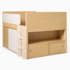 a wooden bunk bed with white drawers and no mattresses on it's sides