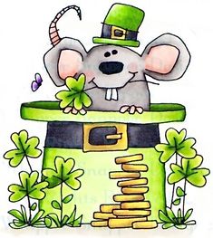 a drawing of a mouse in a lepreite hat and clovers with shamrock leaves