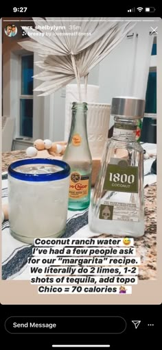 a bottle of coconut water next to some other items