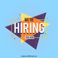 we're hiring sign on blue background with geometric shapes in the shape of triangles