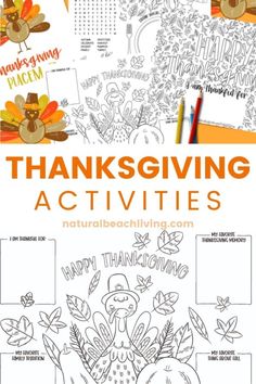 thanksgiving coloring pages for kids with turkeys, leaves and pumpkins in the background