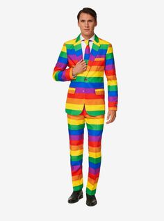 This rainbow suit includes all colors of the rainbow because an outfit never includes too many colors right? The slim fit outfit consists of a jacket pants and a tie. The pants have an adjustable waistband for a perfect fit. S: 34-36 Waist 33.5" Inseam 32.5" M: 38-40 Waist 35" Inseam 33.5" L: 42-44 Waist 37.5" Inseam 34" XL: 46-48 Waist 41" Inseam 35" 2XL: 50-52 Waist 44.7" Inseam 35" Cheap Prom Suits, Mens Group Fancy Dress, Fairy Suits For Men, Wedding Dresses For Gay Men, Gay Boy Prom Dress, Mens In Dresses, Kidcore Suits, Wheres Wally Fancy Dress, Rainbow Outfit