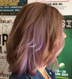 Lavender Hair Highlights, Peek A Boo Highlights, Purple Peekaboo Highlights, Purple Peekaboo Hair, Purple Highlights Brown Hair, Purple Brown Hair, Peekaboo Hair Colors, Purple Hair Highlights