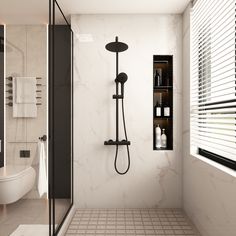 a bathroom with a walk in shower next to a white toilet and black shutters