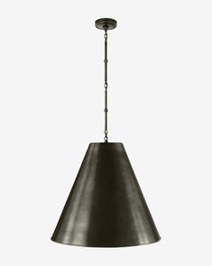 a black lamp hanging from the ceiling on a white background with no people around it