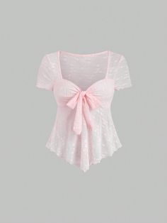 Rosa Pálido Casual Collar manga corta Tela Liso  Embellished Elástico Alto Cute Tops Pink, Surprise Dance Outfits, Frilly Shirt, Light Pink Shirt, Mesh Bows, Mesh T Shirt, Pretty Shirts, Women T Shirts, Pink Outfits