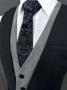 Goth Tuxedo Men, Mens Fashion Goth, Goth Suit Men, Goth Tuxedo, Mens Goth Fashion, Skull Tie, Make A Tie, Goth Wedding