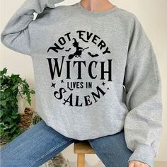 Halloween Witch Print Sweatshirt, Casual Long Sleeve Crew Neck Sweatshirt, Women Gray Letter Print Sweater For Fall, Gray Letter Print Sweatshirt For Fall, Gray Cotton Top For Halloween, Gray Crew Neck Top For Halloween, Crew Neck Sweatshirt Women, Destroyed Sweater, Witch Print, Crewneck Sweatshirt Women, Pointelle Sweater