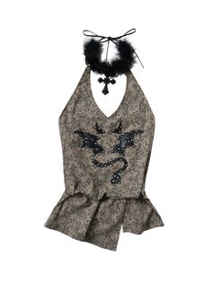 Get ready to unleash your inner rockstar with our punk rock studs design devil patch halter neck leopard top. This edgy and fierce top features a bold leopard print, a daring halter neck design, and eye-catching punk rock studs. The devil patch adds a touch of rebellious attitude, while the detachable plush collar allows for versatile styling options. Made for those who dare to stand out, this top is the perfect statement piece for any fashion-forward individual.   Please note that this product Rocker Style Fitted Tops For Halloween, Rocker Fitted Tops For Halloween, Fitted Rocker Style Tops For Halloween, Edgy Halter Neck Top For Clubs, Fitted Rocker Tops For Halloween, Fitted Punk Style Tops For Festival, Fitted Rock Top For Alternative Fashion, Fitted Rock Style Top For Festivals, No Romance