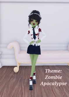 a woman in a dress and tie standing next to a white couch with the words theme zombie apocatypse on it