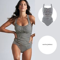 This superb, blue and ecru bathing suit features classic stripes, laid out in a unique pattern to celebrate your female shape and timeless beauty. It is unwired, but padded for comfort, featuring intricate ruching throughout the front. Low cut legs provide ideal coverage while still showcasing those breathtaking curves. And who can resist the adorable little bow, placed strategically on the small of your back? Fitted Striped Swimwear For Poolside, Sleeveless Striped Lined Swimwear, Striped Sleeveless Lined Swimwear, Striped Fitted Sleeveless Tankini, Striped Tankini For Poolside, Striped Fitted Beachwear Tankini, Fitted Striped Lined Swimwear, Classic Sleeveless Swimwear For Summer, Classic Summer Swimwear