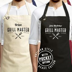 two men wearing aprons with the words grill master and an american style pocket knife